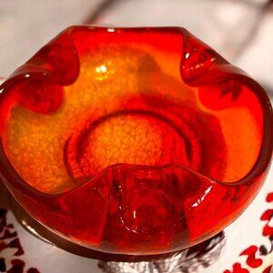 MCM Viking Glass Crackle Art Orange Persimmon Amberina Heavy Ashtray 60s